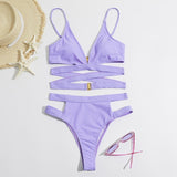 Maillot de bain bikini ajouré à dos croisé et boutons solides à col en V 