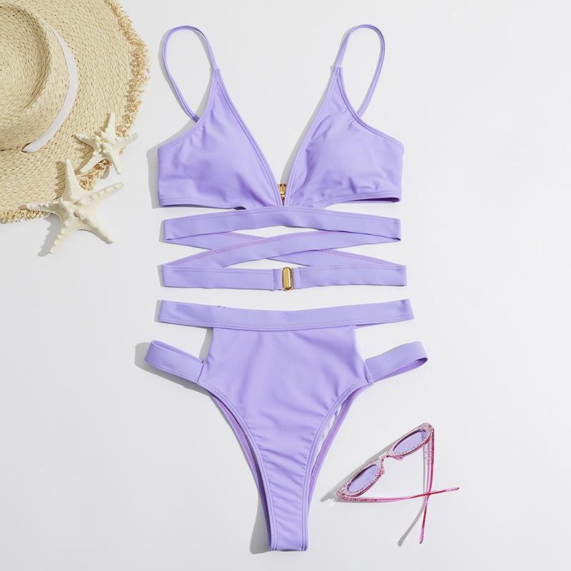 Maillot de bain bikini ajouré à dos croisé et boutons solides à col en V 