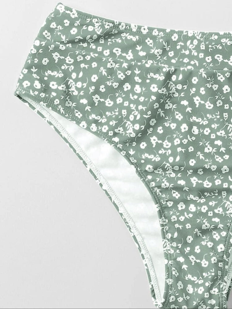 Maillot de bain bikini sans manches à col en V et motif floral 