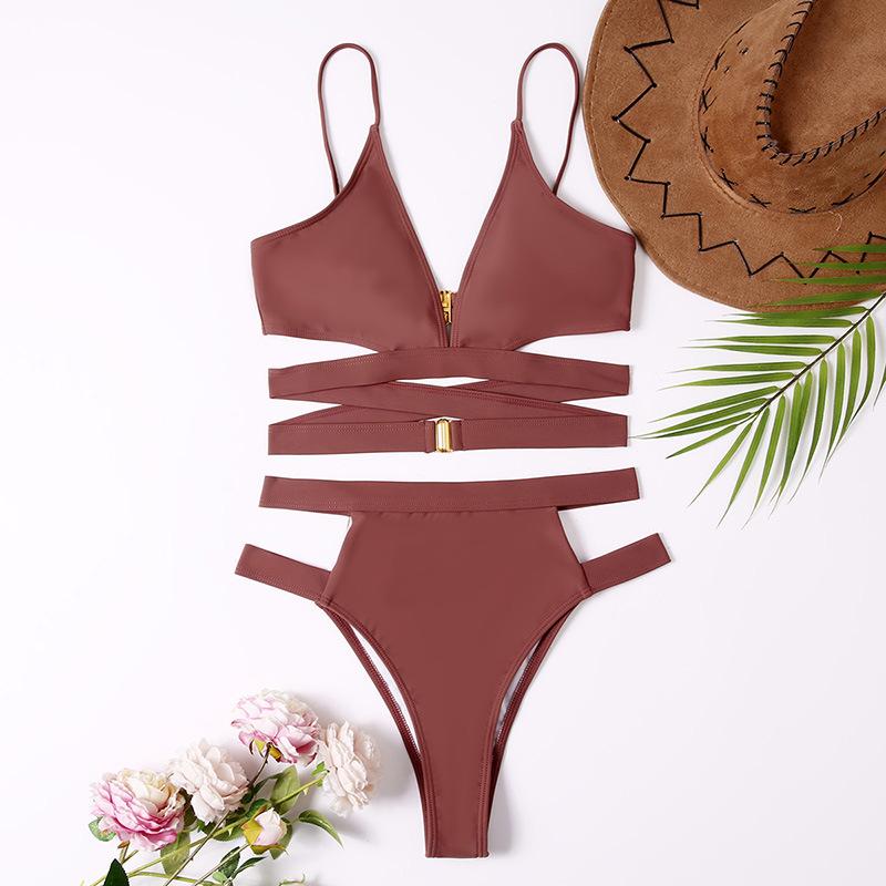 Maillot de bain bikini ajouré à dos croisé et boutons solides à col en V 