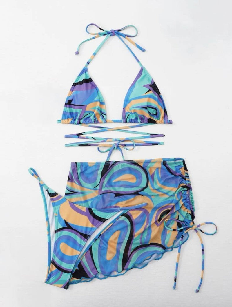 Maillot de bain 3 pièces dos nu en maille avec cordon de serrage et imprimé contrasté 