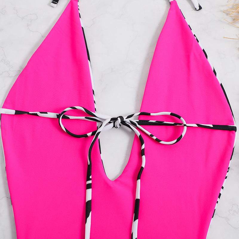 Traje de baño de una pieza con cuello en V, halter, contraste, sin espalda y con lazo 