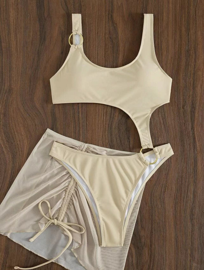 Traje de baño de 3 piezas con cordón ajustable, malla sólida, cuello en U y anillo en O 