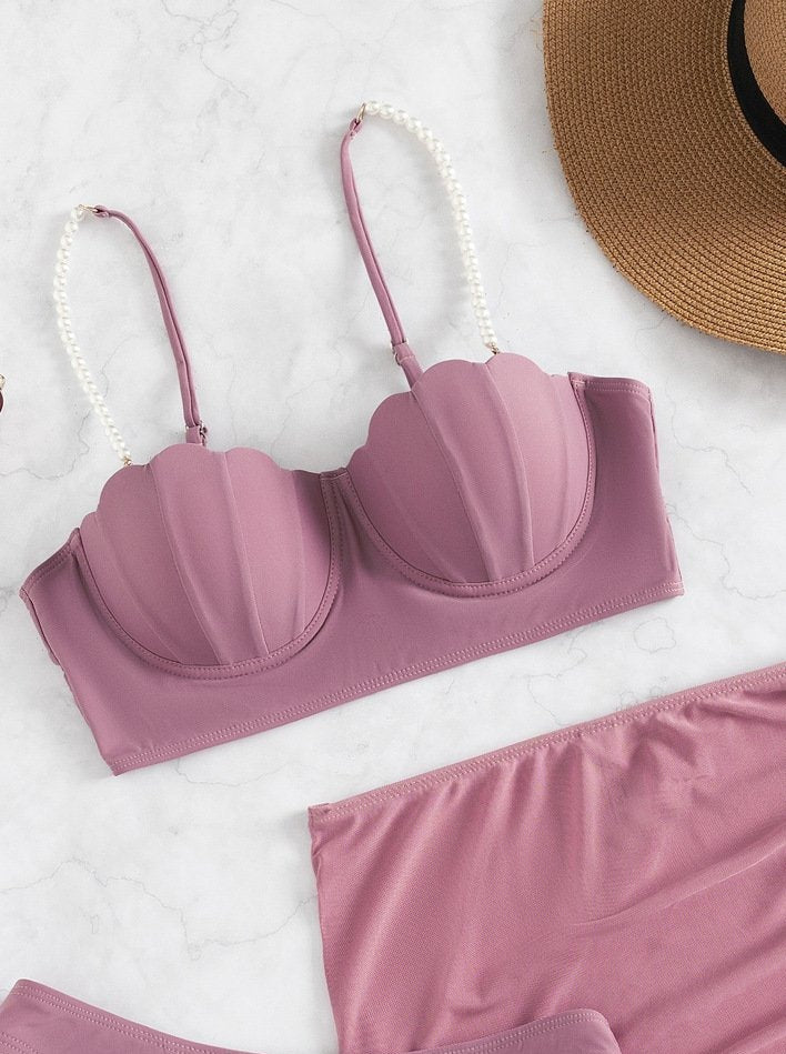 Traje de baño de 3 piezas con espalda descubierta, acolchado y cordón de malla con perlas 