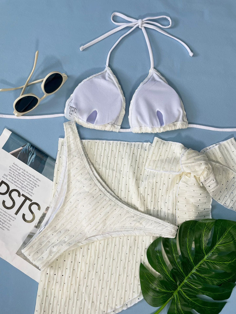 Maillot de bain 3 pièces rembourré texturé à nouer soi-même et à licou uni 
