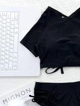 Maillot de bain bikini à manches courtes et cordon de serrage uni 
