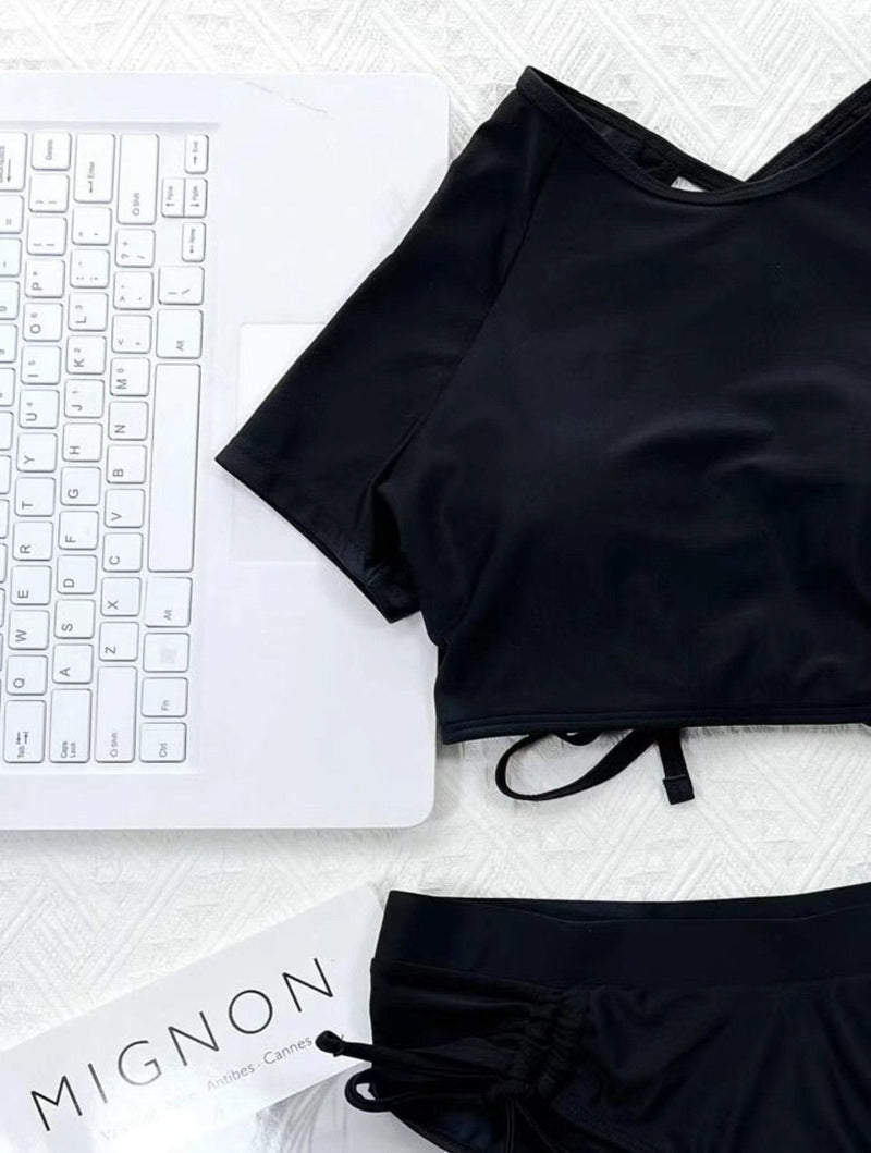 Maillot de bain bikini à manches courtes et cordon de serrage uni 