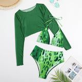 Maillot de bain 3 pièces à manches longues et col licou en maille imprimé léopard 