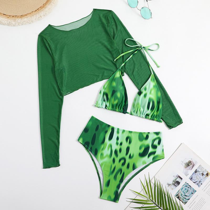 Maillot de bain 3 pièces à manches longues et col licou en maille imprimé léopard 
