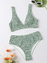 Maillot de bain bikini sans manches à col en V et motif floral 
