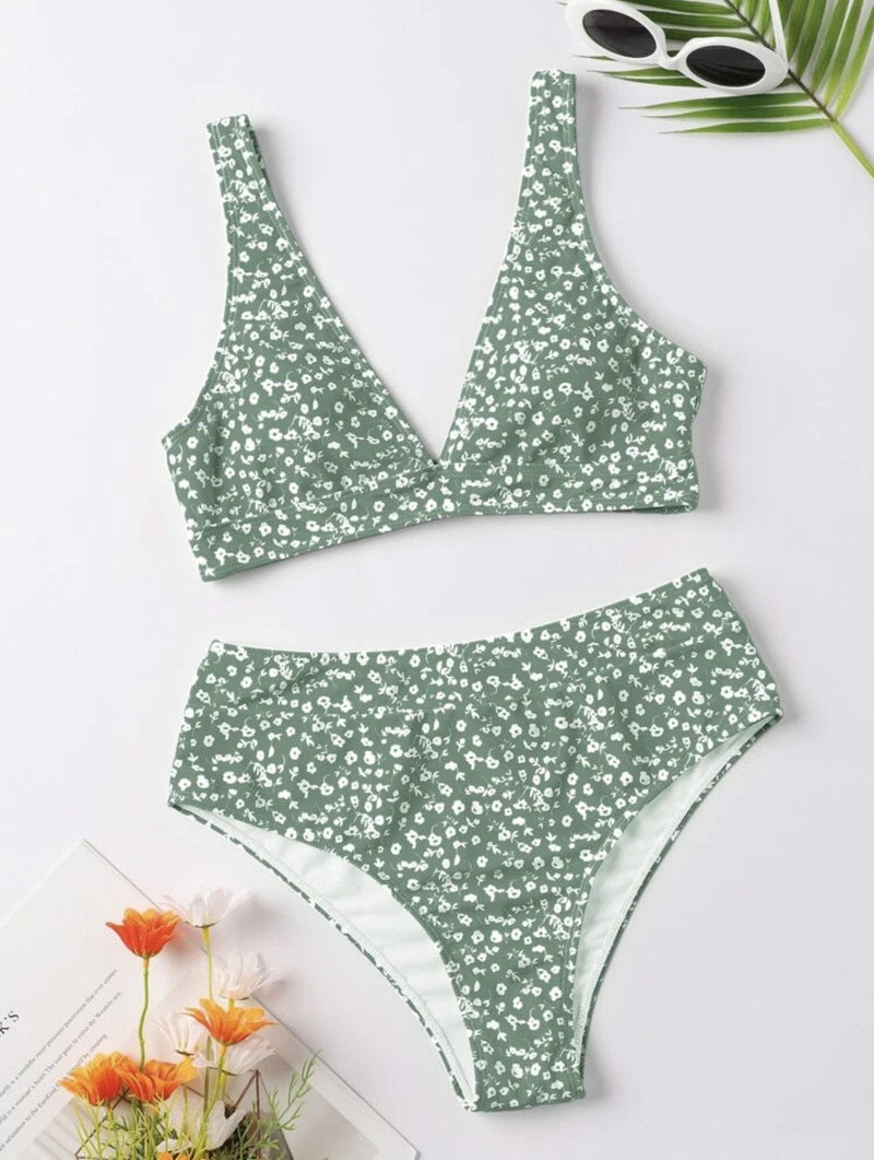 Maillot de bain bikini sans manches à col en V et motif floral 