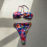 Maillot de bain bikini dos nu à motif floral contrasté croisé 