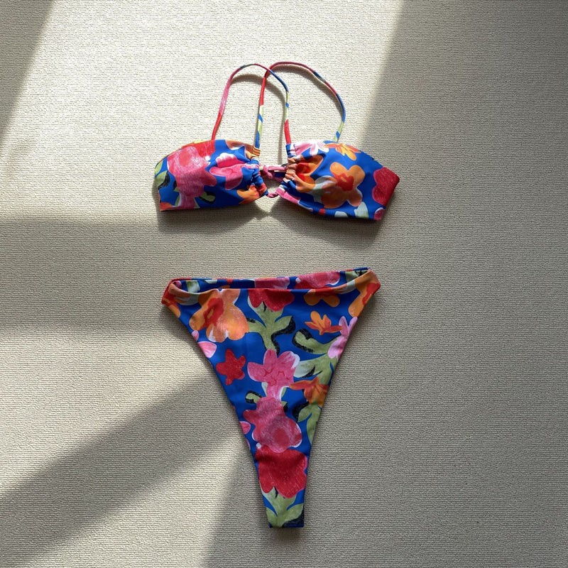 Maillot de bain bikini dos nu à motif floral contrasté croisé 