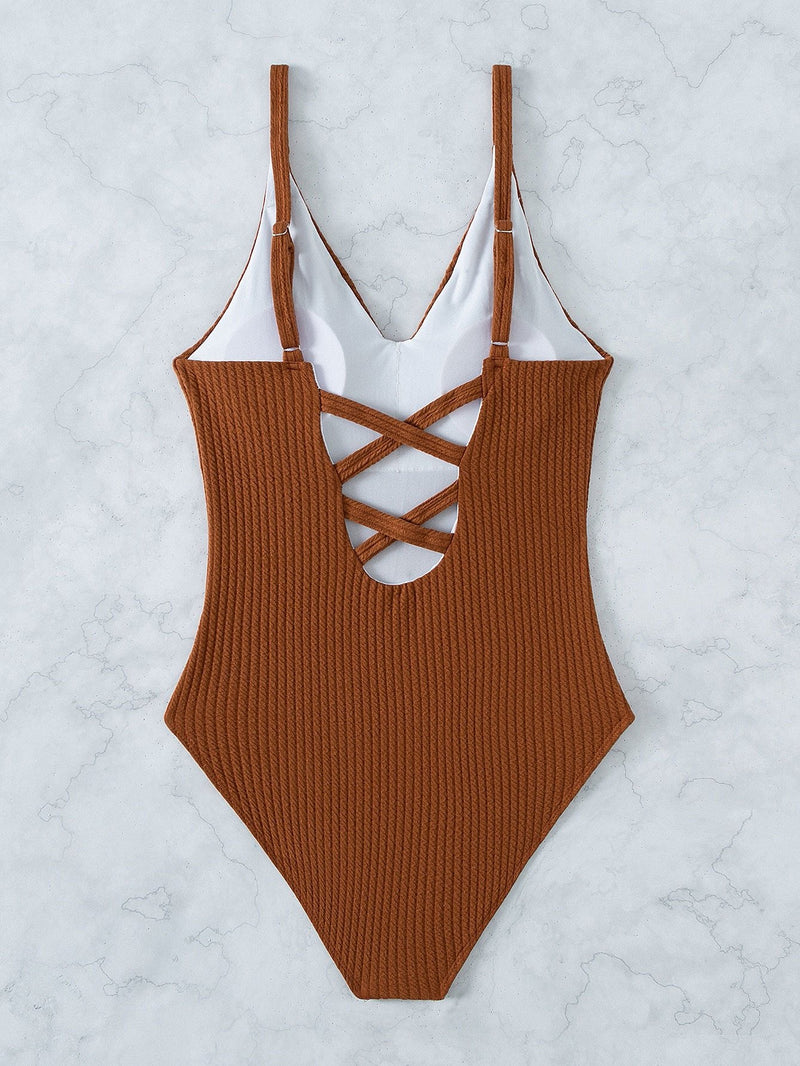 Maillot de bain une pièce rembourré uni à dos croisé 
