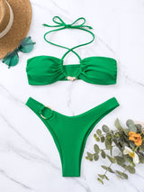 Maillot de bain bikini à licou solide avec anneau en O et attache en métal 