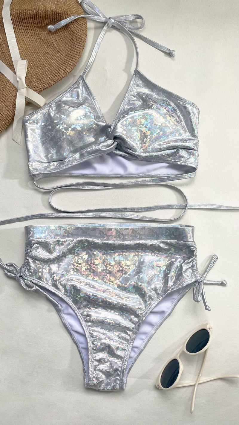 Maillot de bain bikini dos nu avec cordon de serrage métallique 