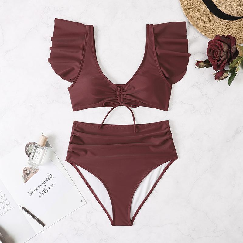 Traje de baño bikini fruncido liso con cordón ajustable y mangas cortas con volantes acolchados 