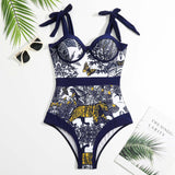 Maillot de bain une pièce à imprimé contrasté, col en cœur, à nouer soi-même, avec jupe de plage 