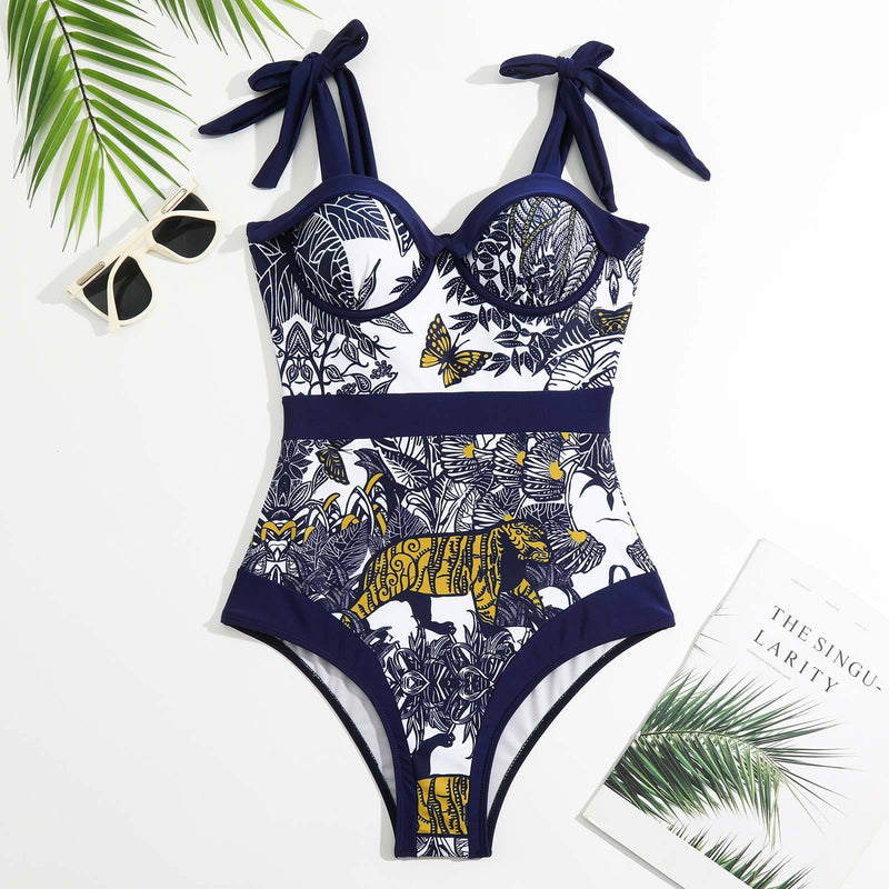 Maillot de bain une pièce à imprimé contrasté, col en cœur, à nouer soi-même, avec jupe de plage 