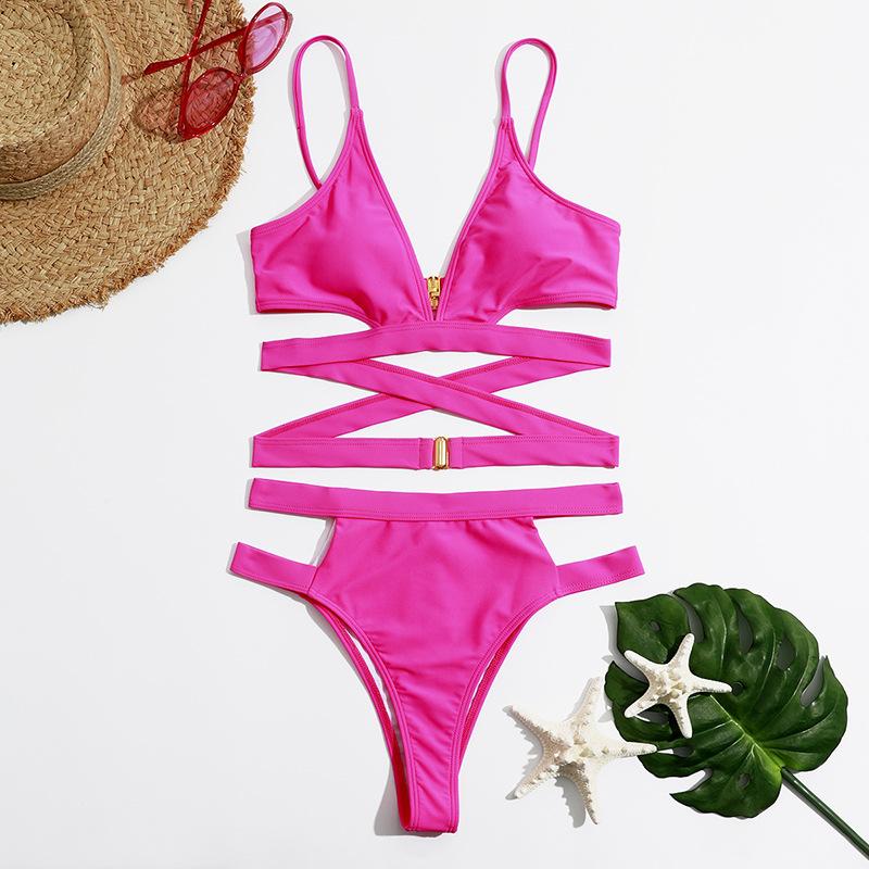 Maillot de bain bikini ajouré à dos croisé et boutons solides à col en V 