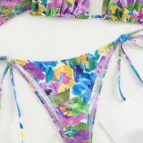 Maillot de bain 3 pièces à manches longues et col licou contrasté avec motif floral en maille 