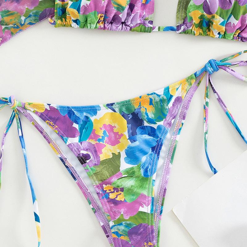 Maillot de bain 3 pièces à manches longues et col licou contrasté avec motif floral en maille 
