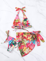 Maillot de bain 3 pièces en maille à imprimé floral avec cordon de serrage et dos nu 