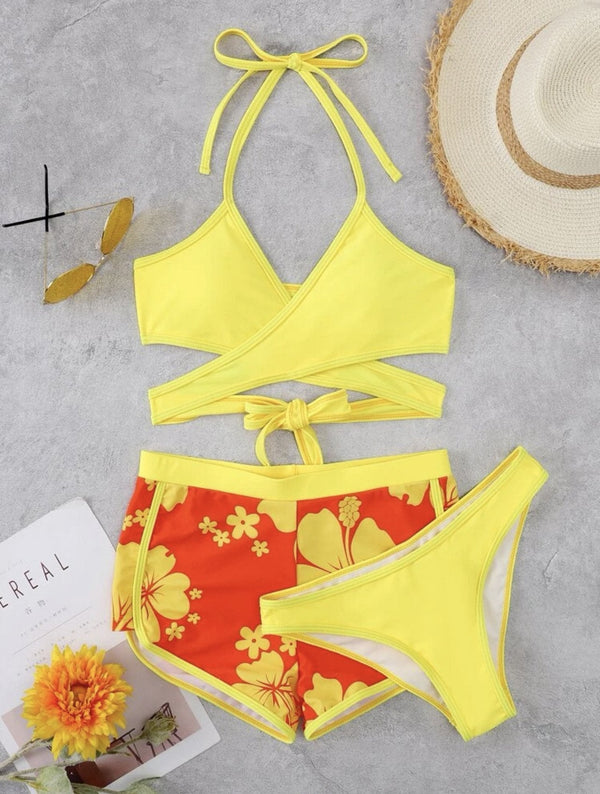 Traje de baño de 3 piezas con escote halter cruzado en contraste y aberturas en la parte delantera, con lazo 