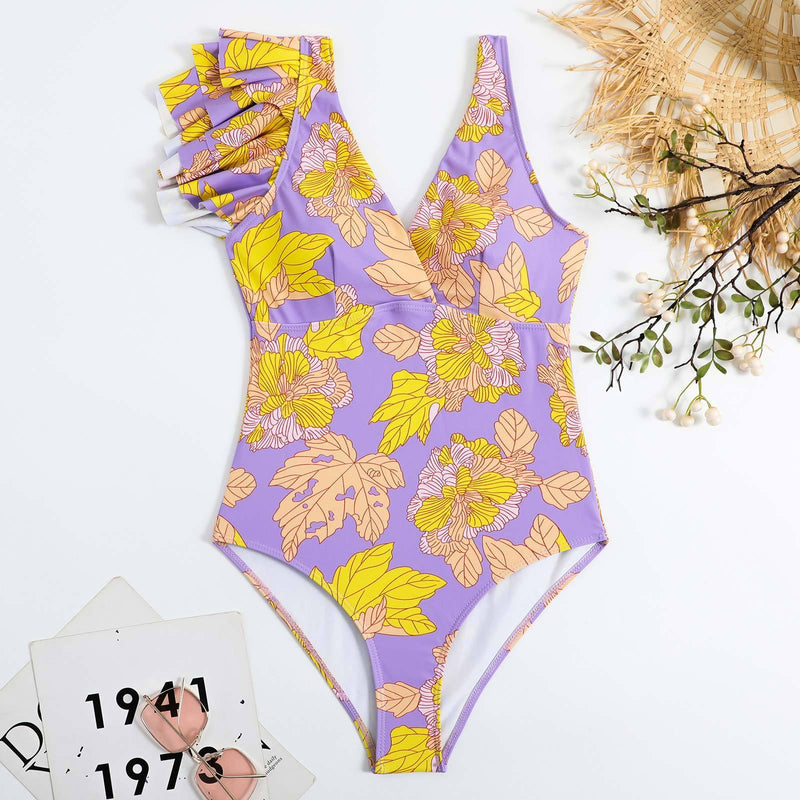 Traje de baño de una pieza con estampado de hojas con volantes irregulares en contraste 