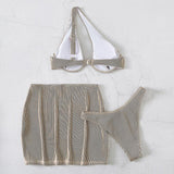 Maillot de bain 3 pièces à une épaule, ajouré, uni, irrégulier, boutonné 