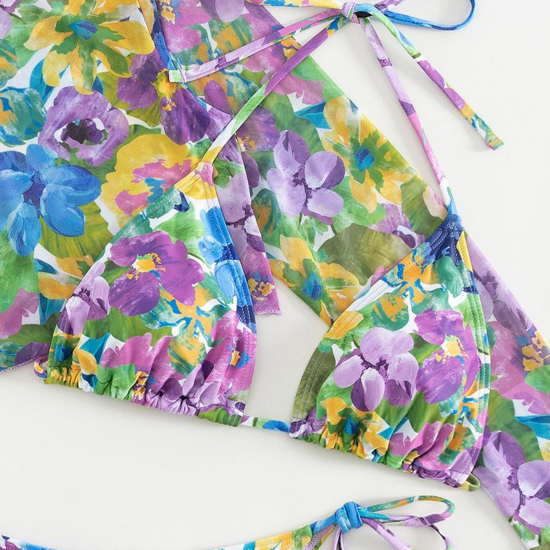Maillot de bain 3 pièces à manches longues et col licou contrasté avec motif floral en maille 