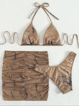 Contrast halter ruched self tie mesh mini skirt 3 piece swimwear