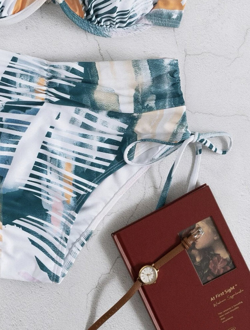 Maillot de bain bikini boutonné à col en V et à nouer contrasté 