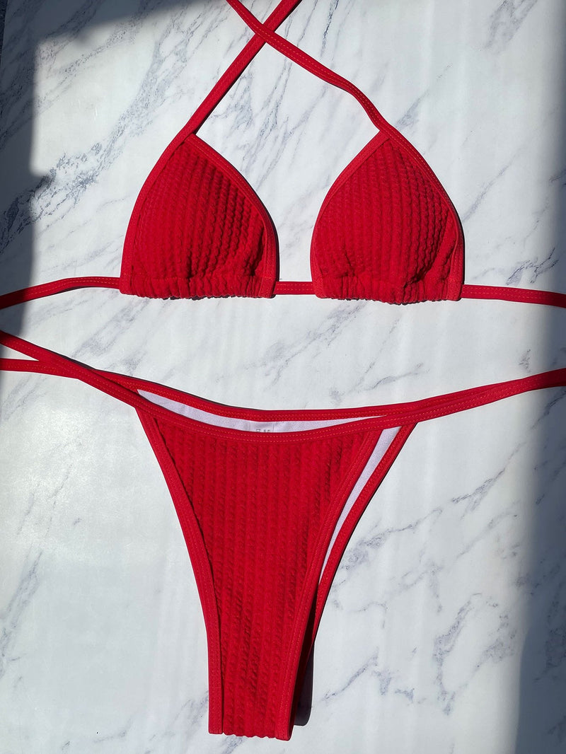 Traje de baño tipo bikini con cuello halter y lazo en contraste texturizado 