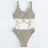 Metal chain textured o ring v neck hollow out one piece swimwear