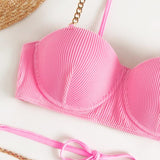 Traje de baño bikini liso con botones y cadena metálica acolchada y lazo 