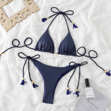 Traje de baño bikini sin espalda con cuello halter fruncido liso y lazo anudado 