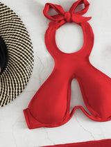 Maillot de bain 3 pièces uni à licou et à nouer soi-même 