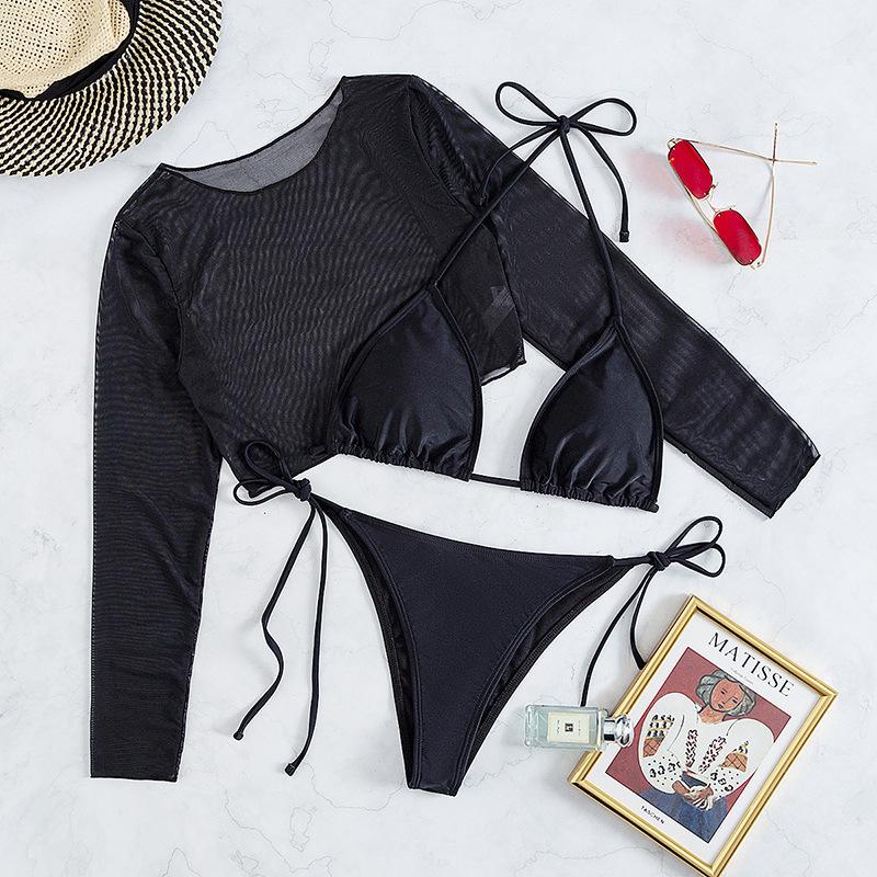 Traje de baño de 3 piezas de malla con cuello halter y mangas largas, liso 