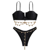 Metal chain solid ruched padded bikini swimwear