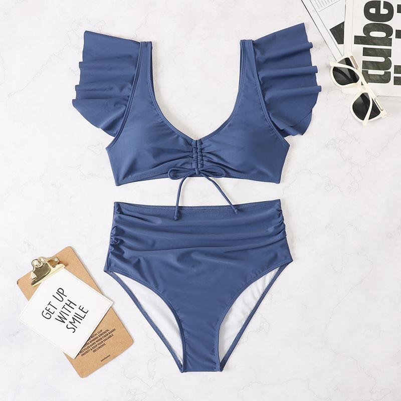Traje de baño bikini fruncido liso con cordón ajustable y mangas cortas con volantes acolchados 