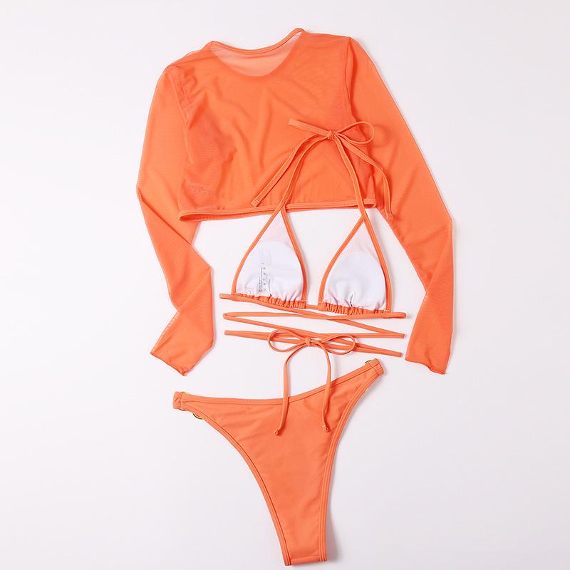 Traje de baño de 3 piezas con cuello halter, cruzado, con aro o y relleno de malla sólida 