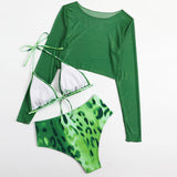 Maillot de bain 3 pièces à manches longues et col licou en maille imprimé léopard 