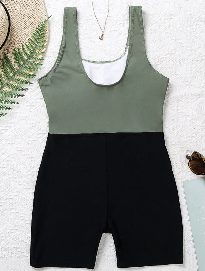 Maillot de bain une pièce sans manches à col en U contrasté et creux 