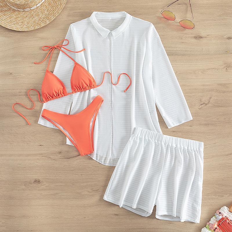 Maillot de bain 4 pièces en mousseline à manches longues et col licou contrasté 