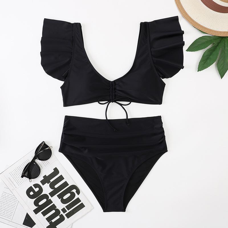 Traje de baño bikini fruncido liso con cordón ajustable y mangas cortas con volantes acolchados 