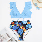 Maillot de bain bikini à manches courtes et volants contrastés, imprimé feuilles et lacets 