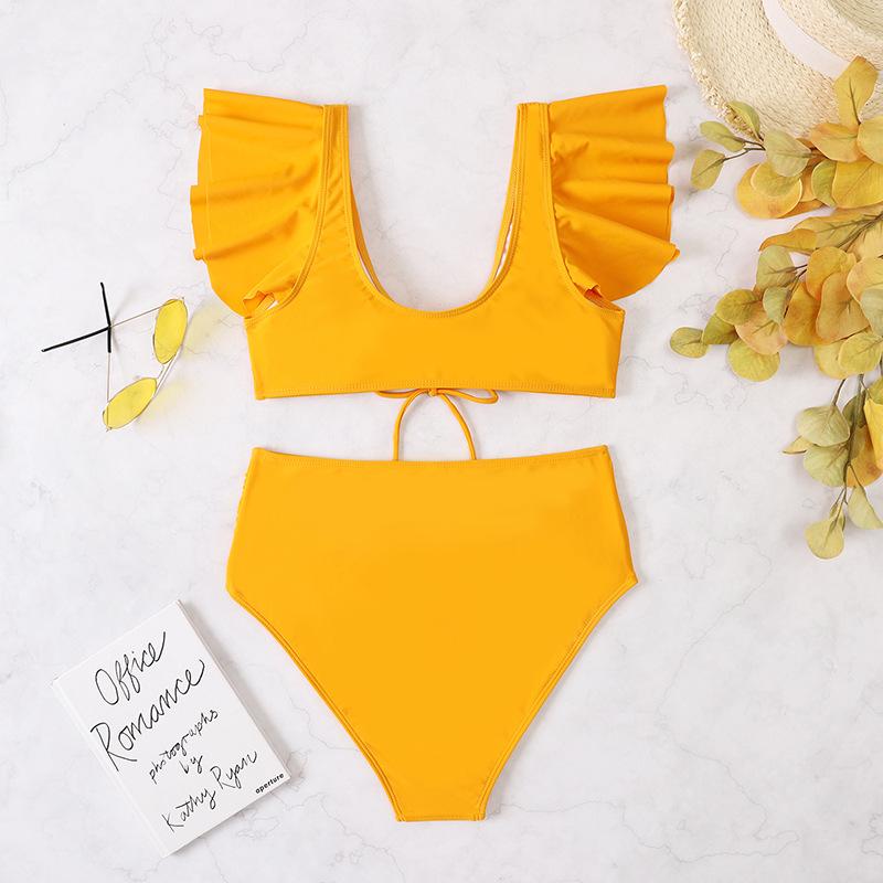 Traje de baño bikini fruncido liso con cordón ajustable y mangas cortas con volantes acolchados 