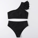 Maillot de bain bikini asymétrique à volants et découpes irrégulières et solides 