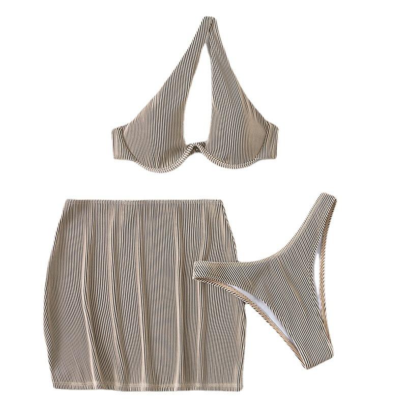 Maillot de bain 3 pièces à une épaule, ajouré, uni, irrégulier, boutonné 